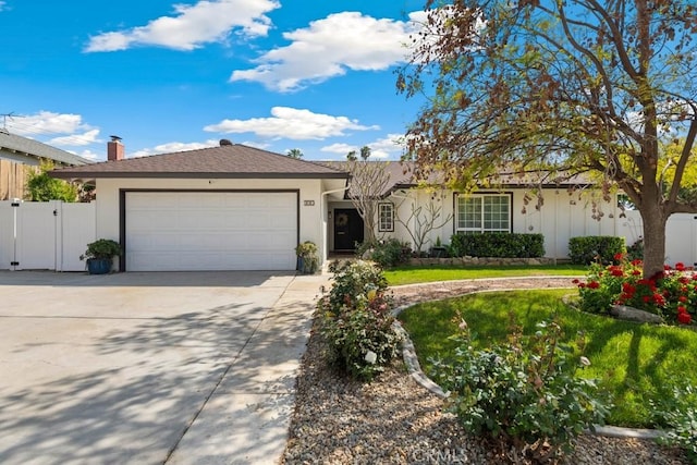 single story home featuring fence, an attached garage, stucco siding, a gate, and driveway