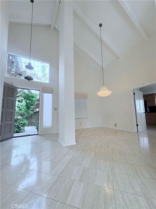 10 Mela Ln, Rancho Palos Verdes, CA 90275 - interior space with high vaulted ceiling, baseboards, a notable chandelier, and beam ceiling