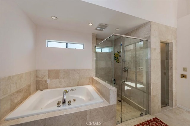 10 Mela Ln, Rancho Palos Verdes, CA 90275 - full bathroom with a shower stall, a tub with jets, visible vents, and recessed lighting