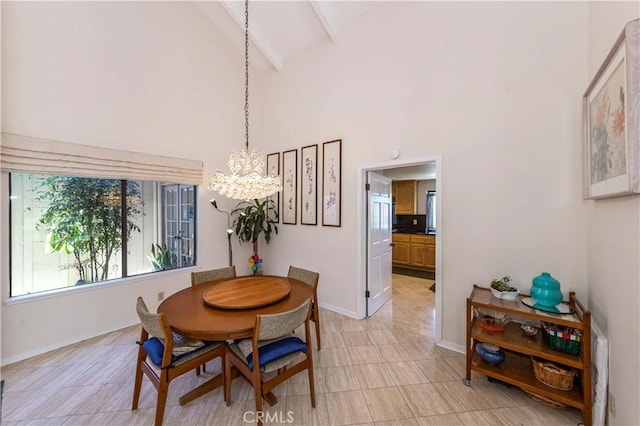 10 Mela Ln, Rancho Palos Verdes, CA 90275 - dining room with high vaulted ceiling, baseboards, a notable chandelier, and beamed ceiling