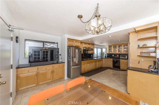10 Mela Ln, Rancho Palos Verdes, CA 90275 - kitchen featuring light tile patterned floors, dark countertops, a chandelier, and stainless steel fridge