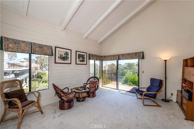 10 Mela Ln, Rancho Palos Verdes, CA 90275 - living area with carpet, beam ceiling, wood walls, and high vaulted ceiling