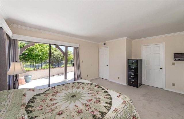 10 Mela Ln, Rancho Palos Verdes, CA 90275 - bedroom featuring baseboards, access to outside, ornamental molding, and light colored carpet