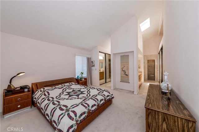 10 Mela Ln, Rancho Palos Verdes, CA 90275 - bedroom with ensuite bathroom, high vaulted ceiling, and light colored carpet