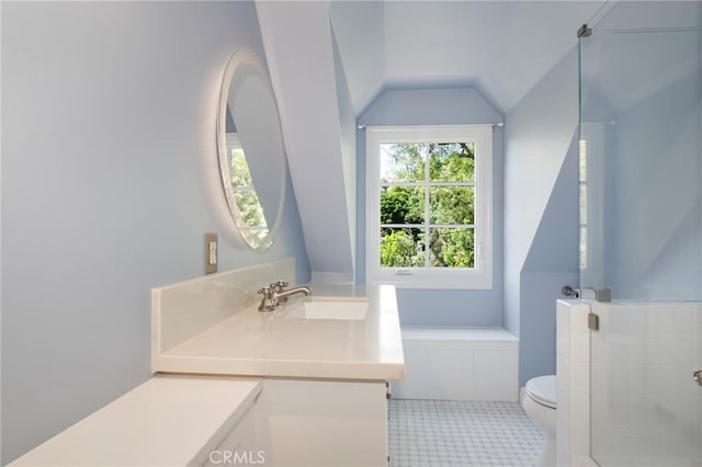 335 Sycamore Gln, Pasadena, CA 91105 - bathroom with toilet, vaulted ceiling, and vanity