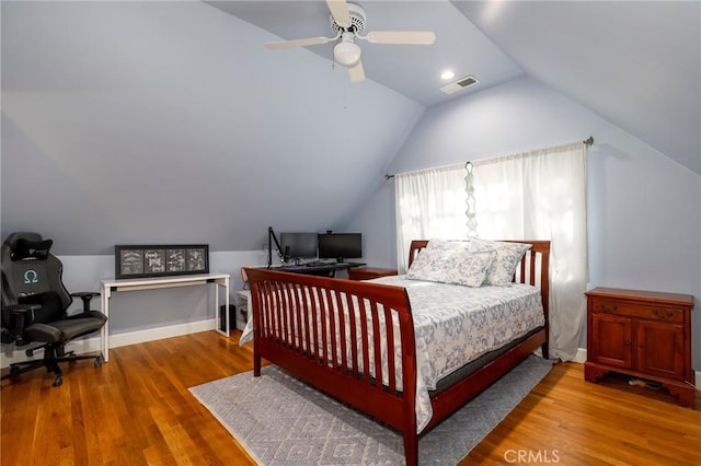 335 Sycamore Gln, Pasadena, CA 91105 - bedroom featuring baseboards, ceiling fan, visible vents, vaulted ceiling, and wood finished floors