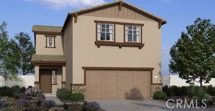 14183 Astra St, Moreno Valley, CA 92555 - view of front of house with stone siding, a garage, fence, stucco siding, and driveway