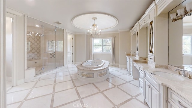 271 W Le Roy Ave, Arcadia, CA 91007 - bathroom with vanity, a shower stall, a garden tub, a chandelier, and ornamental molding
