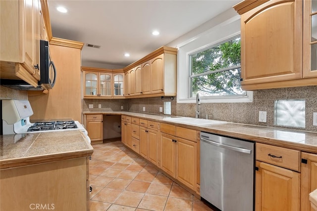 8856 Fullbright Ave, Winnetka, CA 91306 - kitchen featuring stainless steel dishwasher, a sink, white gas stove, visible vents, and light brown cabinets