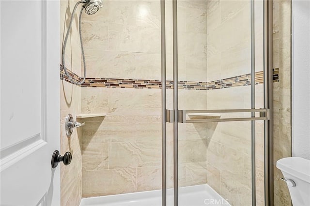 full bathroom featuring a shower stall and toilet