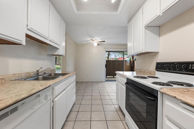 6560 College Grove Dr Unit 79, San Diego, CA 92115 - kitchen featuring electric range, dishwasher, a sink, light countertops, and a tray ceiling