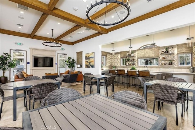 45477 Calle Cirros, Temecula, CA 92592 - dining space with beam ceiling, a chandelier, coffered ceiling, and recessed lighting
