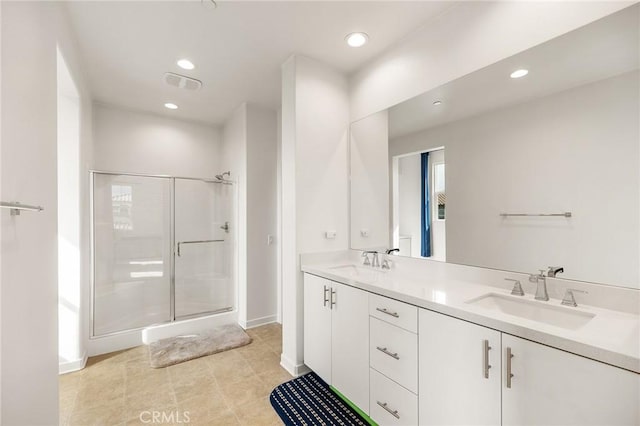 45477 Calle Cirros, Temecula, CA 92592 - full bath with a shower stall, double vanity, recessed lighting, baseboards, and tile patterned flooring