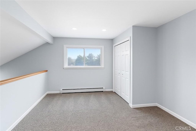additional living space featuring baseboards, lofted ceiling with beams, carpet floors, recessed lighting, and a baseboard heating unit