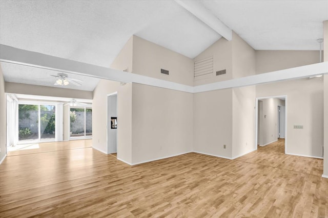 16407 Gabarda Rd, San Diego, CA 92128 - unfurnished living room featuring high vaulted ceiling, ceiling fan, light wood finished floors, and beamed ceiling