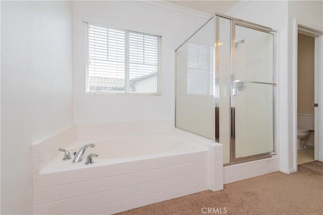 full bath featuring a shower stall, a bath, and toilet