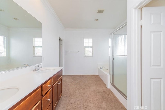 full bath featuring a bath, a sink, visible vents, carpet floors, and ornamental molding