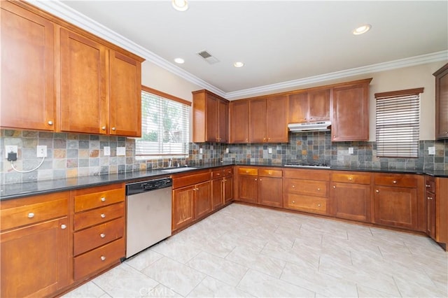 kitchen with under cabinet range hood, dishwasher, visible vents, crown molding, and brown cabinetry