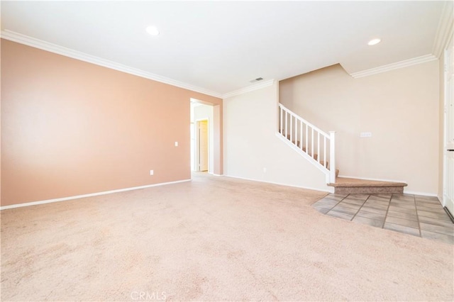 unfurnished living room featuring light colored carpet, baseboards, ornamental molding, and stairs