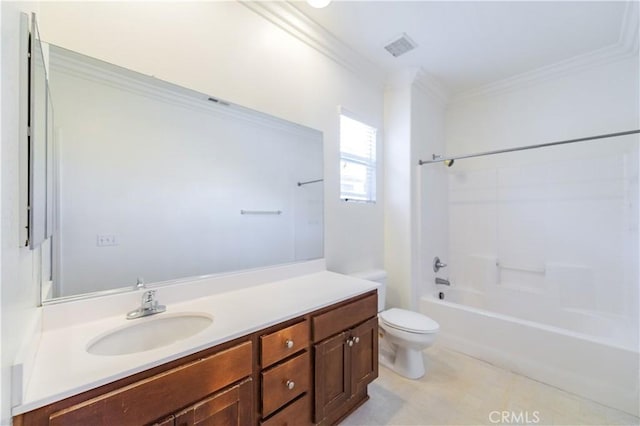 full bathroom with crown molding, vanity,  shower combination, toilet, and visible vents