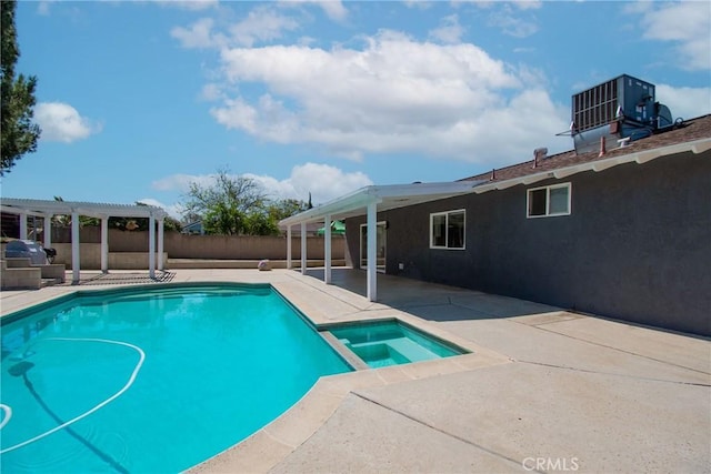view of swimming pool with a pergola, a pool with connected hot tub, cooling unit, a fenced backyard, and a patio