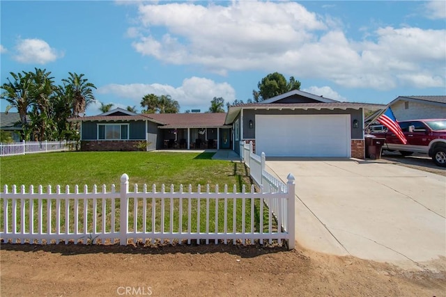 ranch-style house with an attached garage, a fenced front yard, concrete driveway, and a front lawn