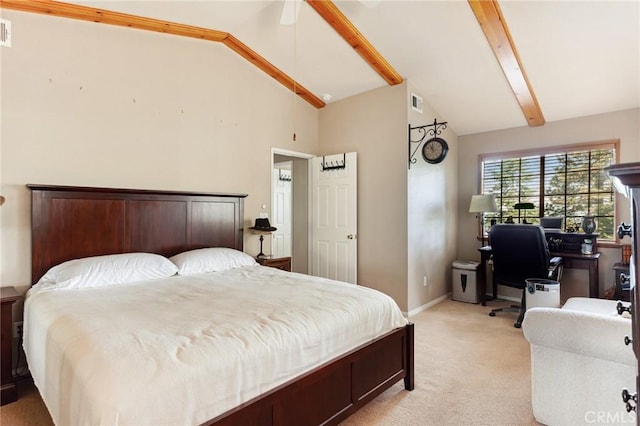 bedroom featuring high vaulted ceiling, visible vents, light carpet, baseboards, and beam ceiling