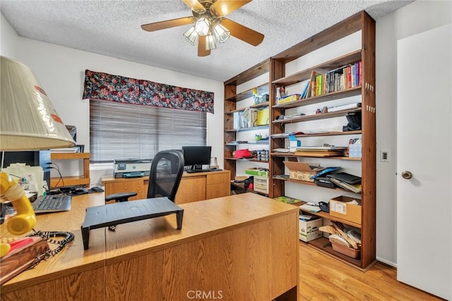 office with light wood finished floors, a textured ceiling, and ceiling fan