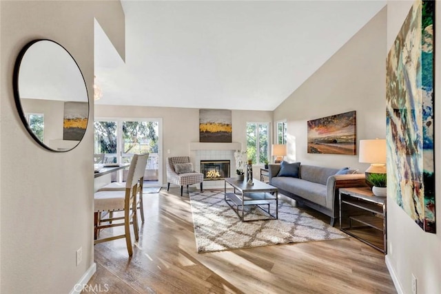living room featuring a tile fireplace, a healthy amount of sunlight, and wood finished floors