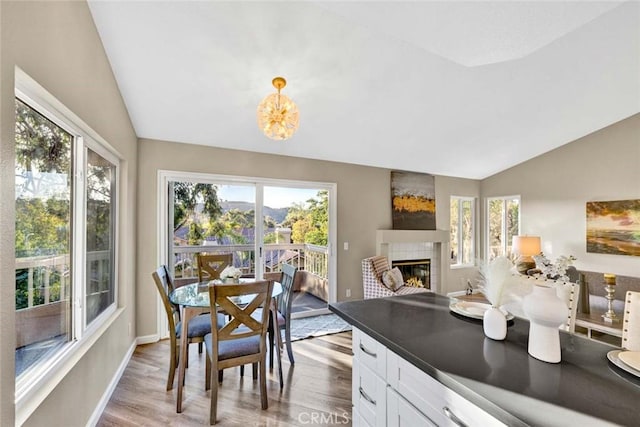 dining room featuring a fireplace, lofted ceiling, baseboards, and wood finished floors