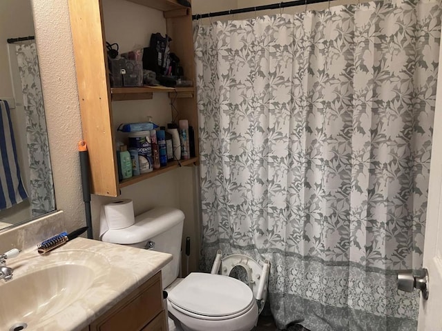 bathroom featuring a shower with shower curtain, vanity, and toilet