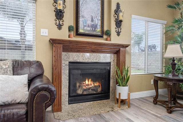 sitting room with a fireplace, baseboards, and wood finished floors