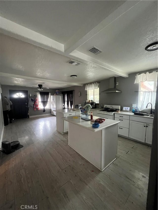 664 W 14th St, San Bernardino, CA 92405 - kitchen with light wood finished floors, a sink, white cabinetry, white appliances, and wall chimney range hood