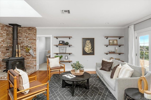 1420 Idaho Ave, Escondido, CA 92027 - living room with dark wood-style floors, a wood stove, crown molding, and baseboards
