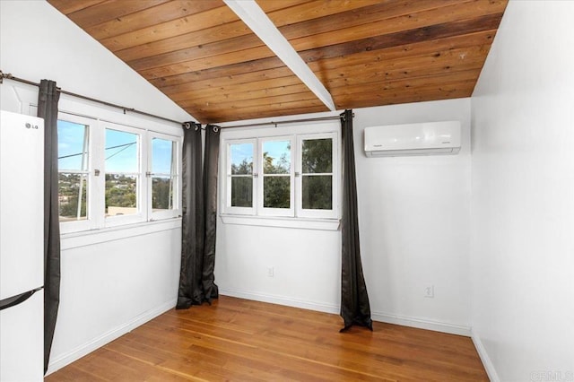 1420 Idaho Ave, Escondido, CA 92027 - empty room with a wall unit AC, lofted ceiling, baseboards, wooden ceiling, and wood finished floors