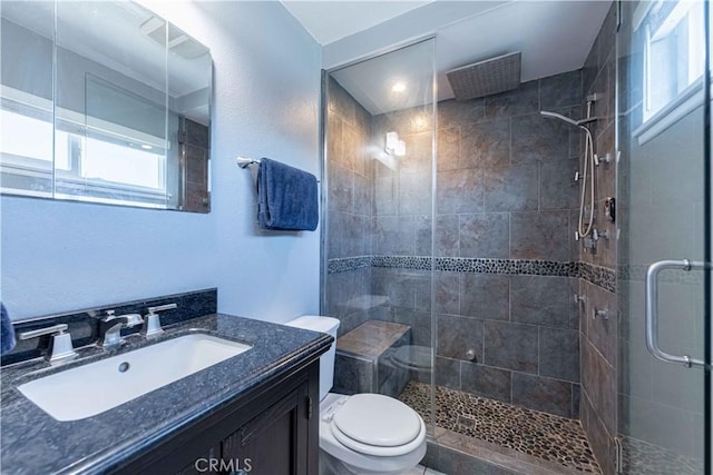 full bathroom featuring toilet, vanity, and a stall shower