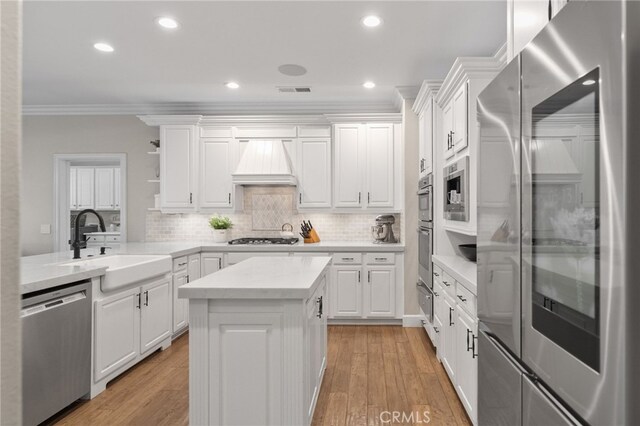 kitchen with ornamental molding, light countertops, custom range hood, a sink, and appliances with stainless steel finishes