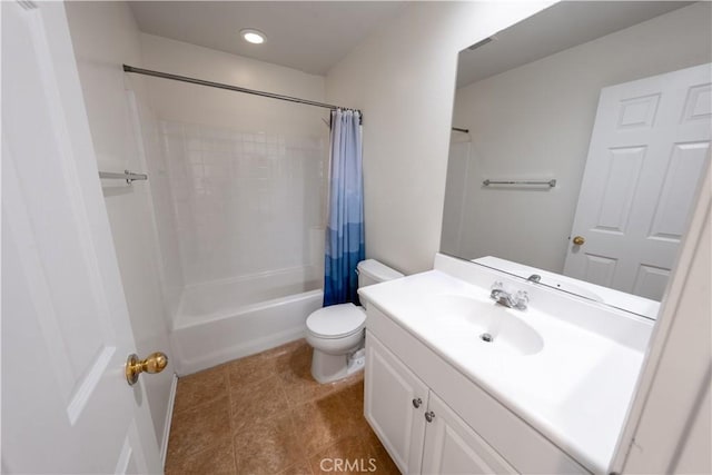 full bathroom with toilet, recessed lighting, shower / tub combo, tile patterned flooring, and vanity
