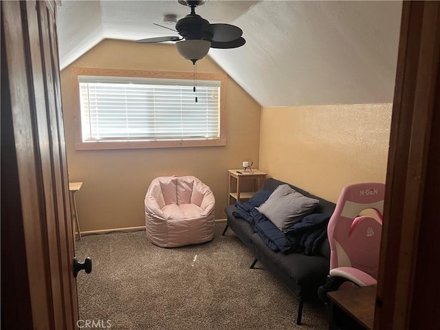 31671 Silver Spruce Dr, Running Springs, CA 92382 - living area featuring plenty of natural light, lofted ceiling, carpet, and ceiling fan