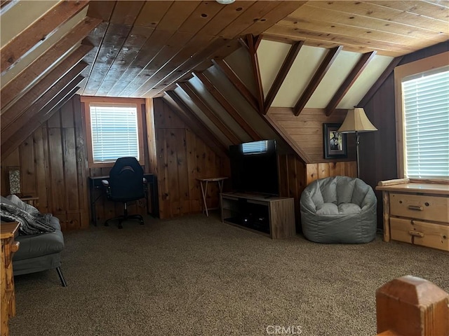 31671 Silver Spruce Dr, Running Springs, CA 92382 - carpeted bedroom featuring wooden ceiling, lofted ceiling, and wooden walls