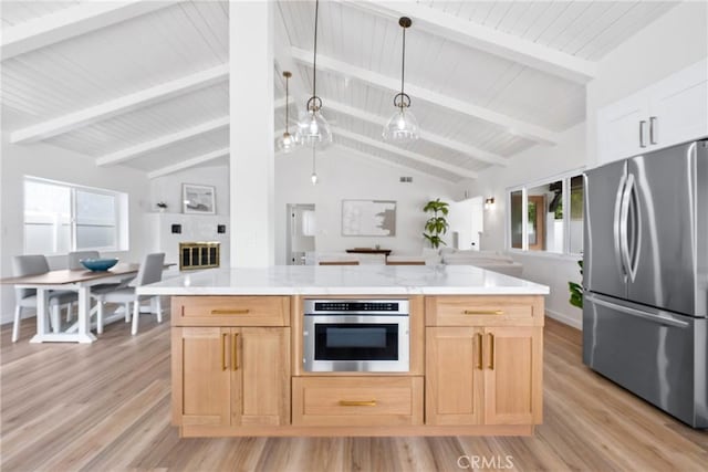 5121 Beachcomber St, Oxnard, CA 93035 - kitchen featuring appliances with stainless steel finishes, light countertops, light wood-type flooring, open floor plan, and wood ceiling