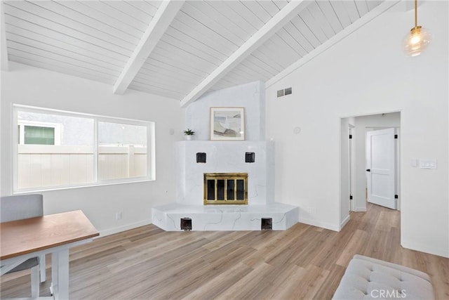 unfurnished living room featuring wood finished floors, beam ceiling, wooden ceiling, a premium fireplace, and baseboards