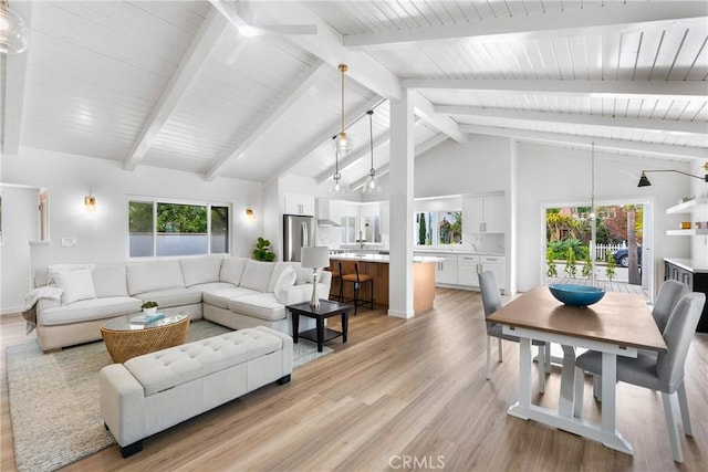 5121 Beachcomber St, Oxnard, CA 93035 - living room featuring a ceiling fan, light wood-type flooring, beamed ceiling, and high vaulted ceiling