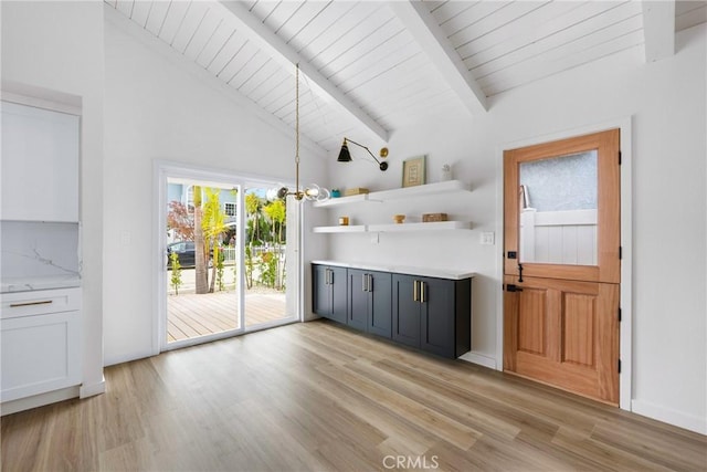 5121 Beachcomber St, Oxnard, CA 93035 - bar area featuring light wood finished floors, beamed ceiling, wooden ceiling, and high vaulted ceiling