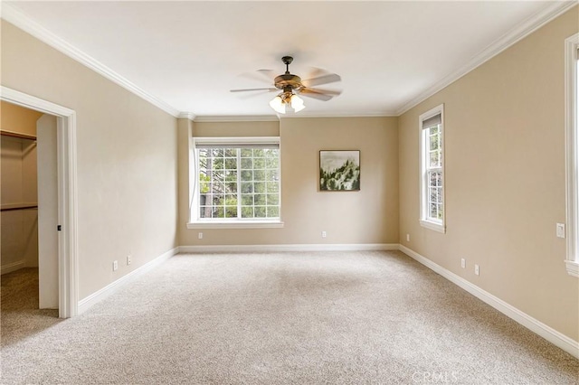 unfurnished room with a ceiling fan, carpet, and a healthy amount of sunlight