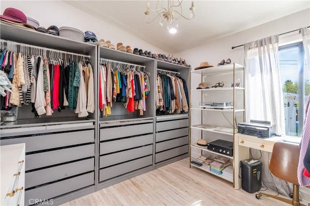walk in closet featuring a chandelier and wood finished floors