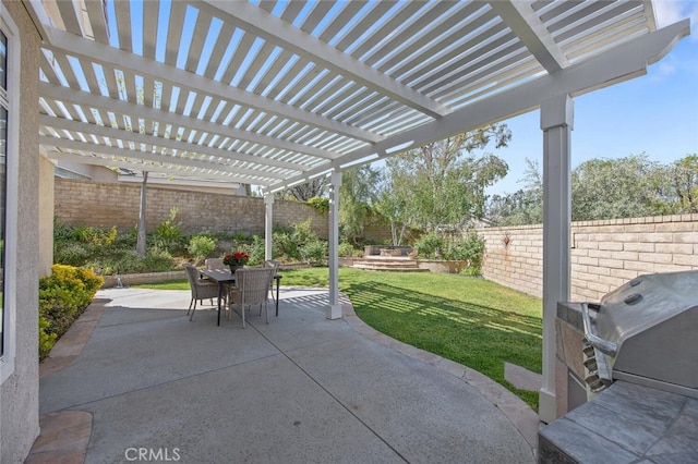 view of patio / terrace with a fenced backyard, outdoor dining space, grilling area, and a pergola