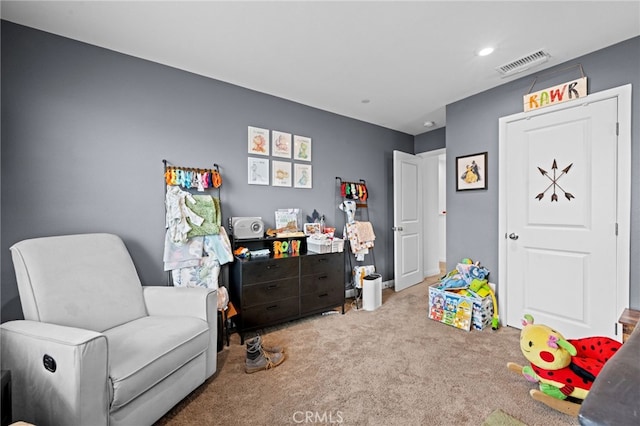 recreation room featuring visible vents, recessed lighting, and carpet
