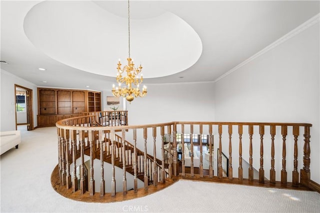 519 Connie Rae Way, Arcadia, CA 91006 - stairway featuring a chandelier, carpet flooring, recessed lighting, ornamental molding, and built in features