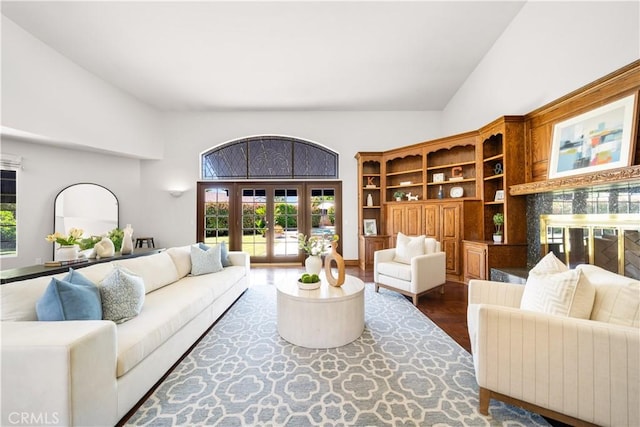 519 Connie Rae Way, Arcadia, CA 91006 - living room with wood finished floors, french doors, and high vaulted ceiling